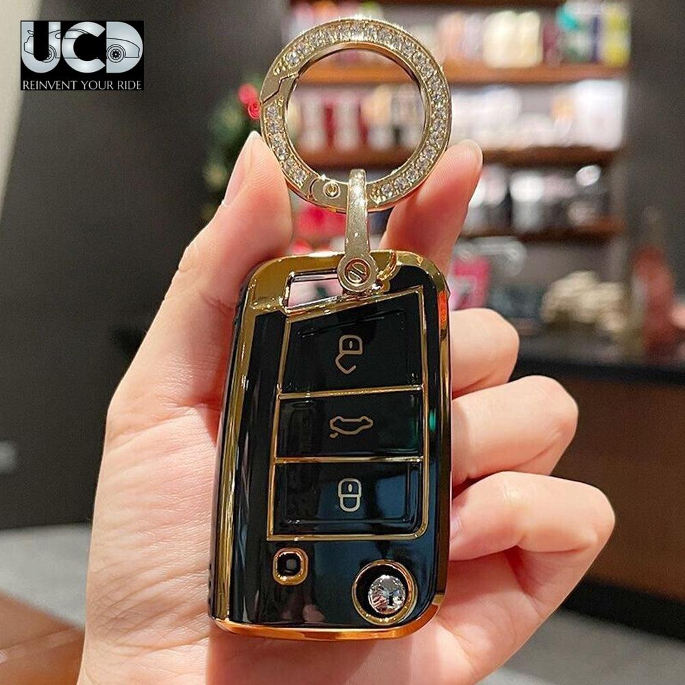 TPU Gold Series Car Key Cover With Diamond Key Ring For Skoda Taigun