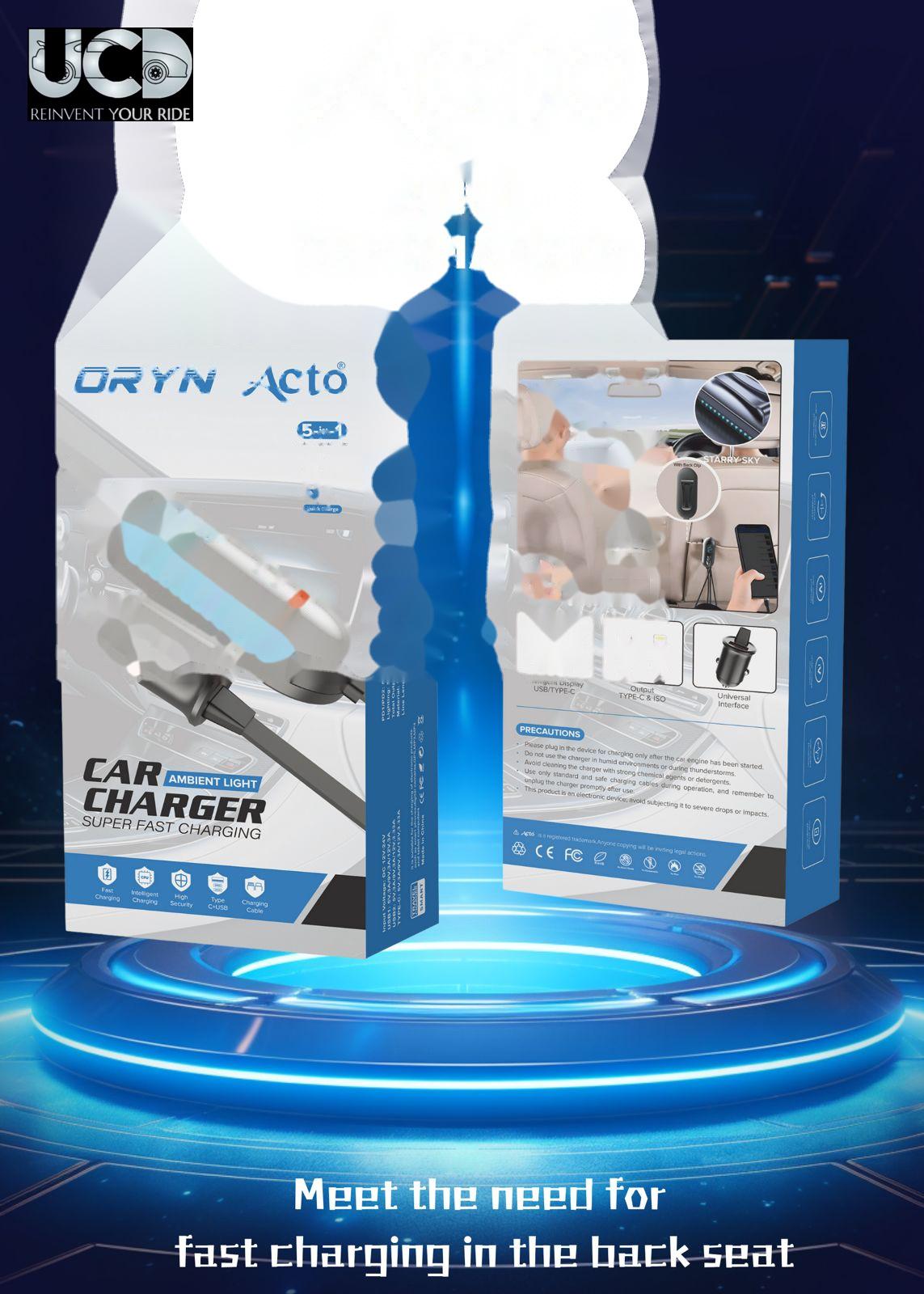 Oryn Car Charger Super 5in1 Fast Charging Ambient Light with Type-C & ISO Intelligent Display USB/Type-C 112.5W & 1.5Meter Pack of 1 Pcs