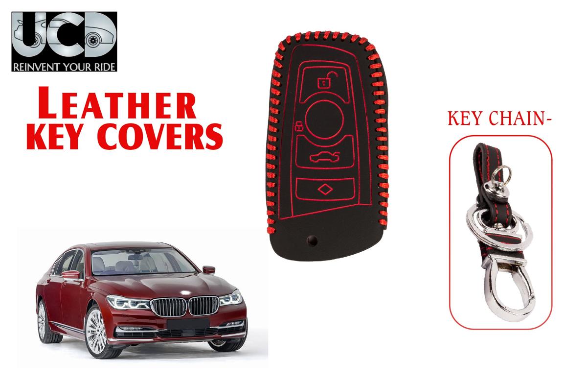 Leather key cover in Black color With Red Stitches with key chain Compatible With BMW 7 Series 4 Button