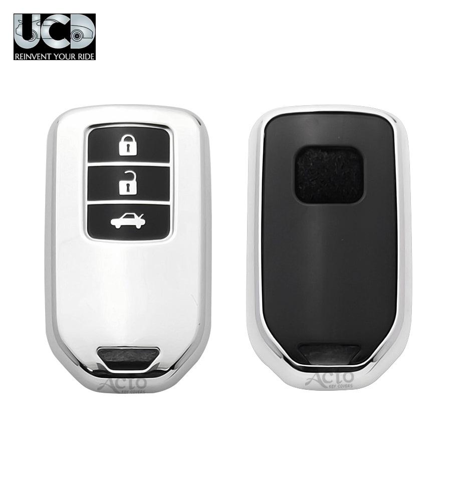 Car Key Cover Chromium Series Compatible with Honda Accord, Civic, WR-V, BR-V, CR-V, City, Jazz 3 Button Smart Key | Premium Chrome Finish Hard Case | 360° Protection | Scratch Resistant | Keychain Included (Pack of 1)