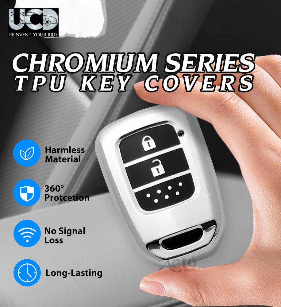 Car Key Cover Chromium Series Compatible with Honda Accord, Amaze, Brio, City, CR-V, Jazz, Mobilio, WR-V 2 Button Smart Key | Premium Chrome Finish Hard Case | 360° Protection | Scratch Resistant Stylish Key Cover with Keychain | Pack of 1