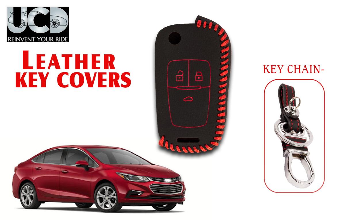 Leather key cover in Black color With Red Stitches with key chain Compatible With Chevrolet Cruz 3 Button