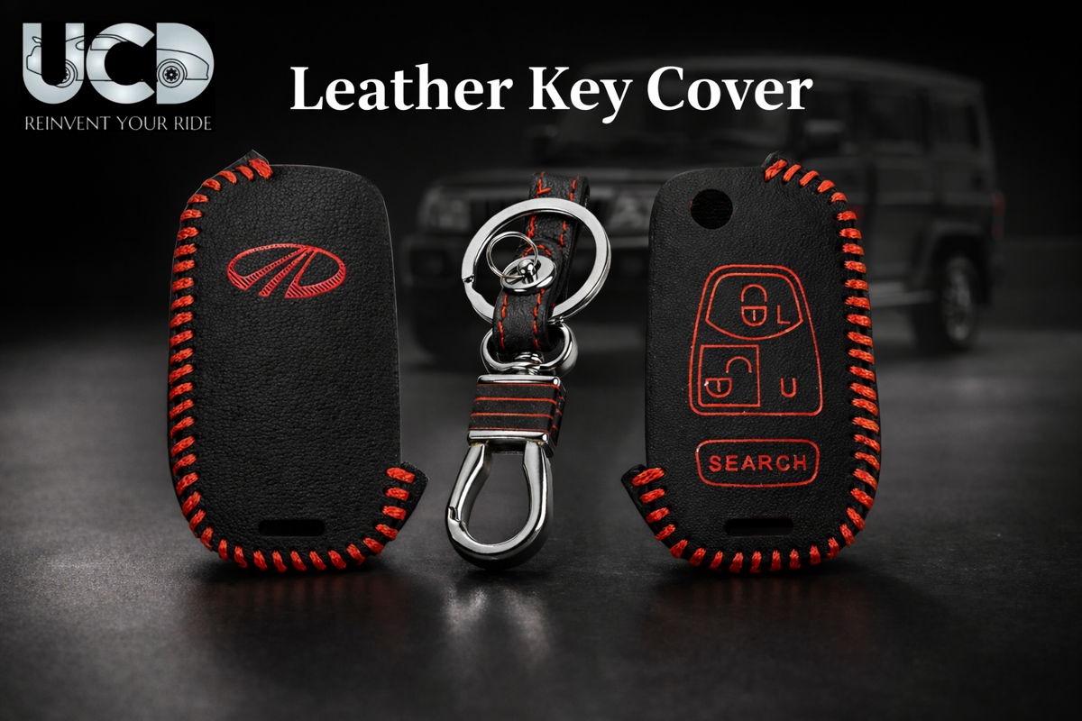 Leather key cover in Black color With Red Stitches with key chain Compatible With Mahindra Bolero 3 Button
