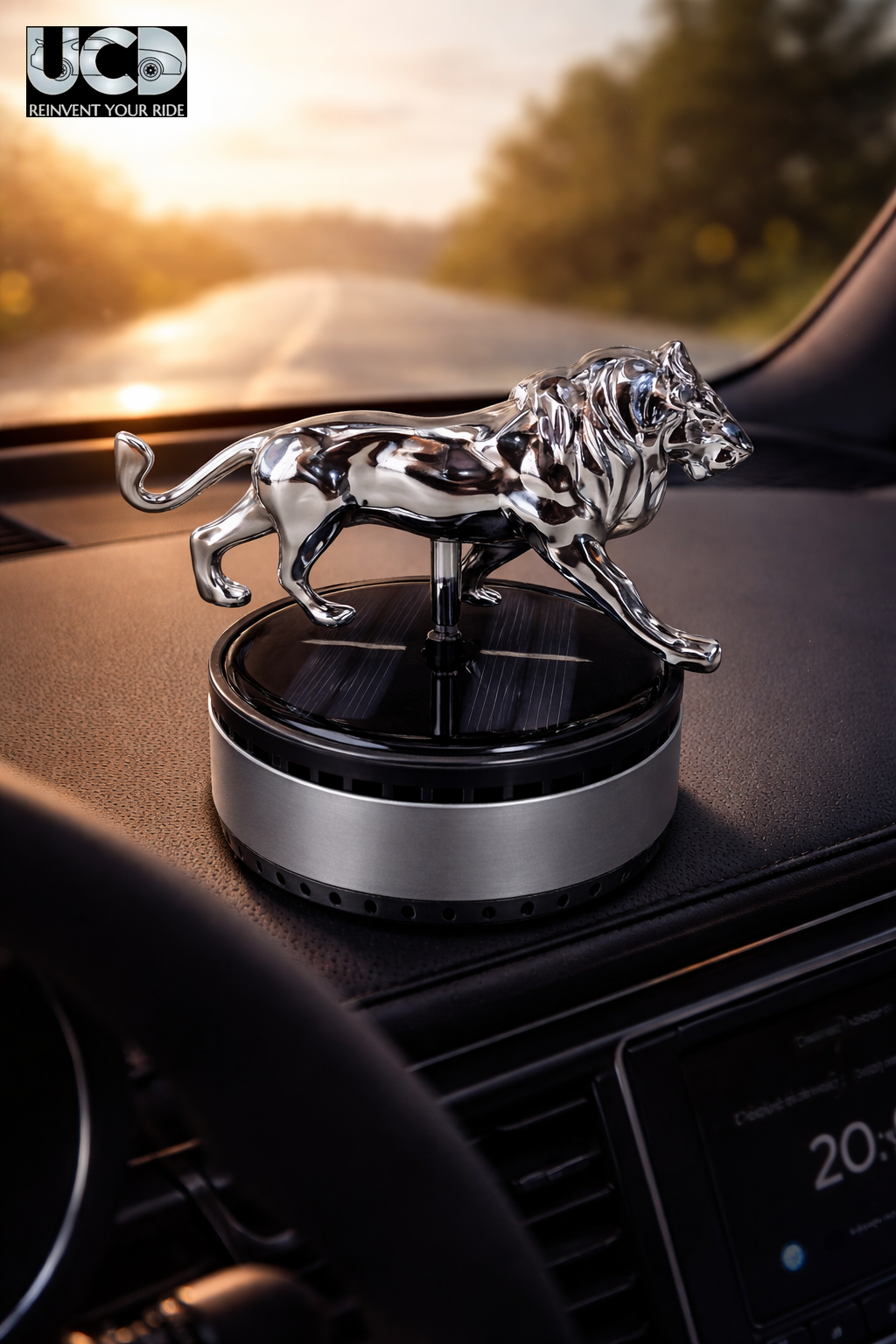 Solar Powered Rotating Lion Showpiece with Aroma Diffuser Bottle – Romantic Dashboard & Home Decor