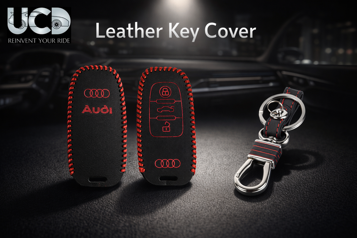Leather Car Key Cover with Key Chain Compatible for Audi A8 / Q7 / RS / TT 3 Button Smart Key | Black with Red Stitching | Premium Leather Key Case | 360° Protection | Stylish Key Fob Cover | Pack of 1