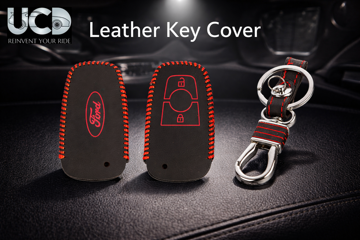 Leather Car Key Cover with Key Chain Compatible for Ford Aspire, Figo, New Fiesta, Endeavour & EcoSport 3 Button Smart Key | Premium Black Leather with Red Stitching | 360° Protection | Pack of 1