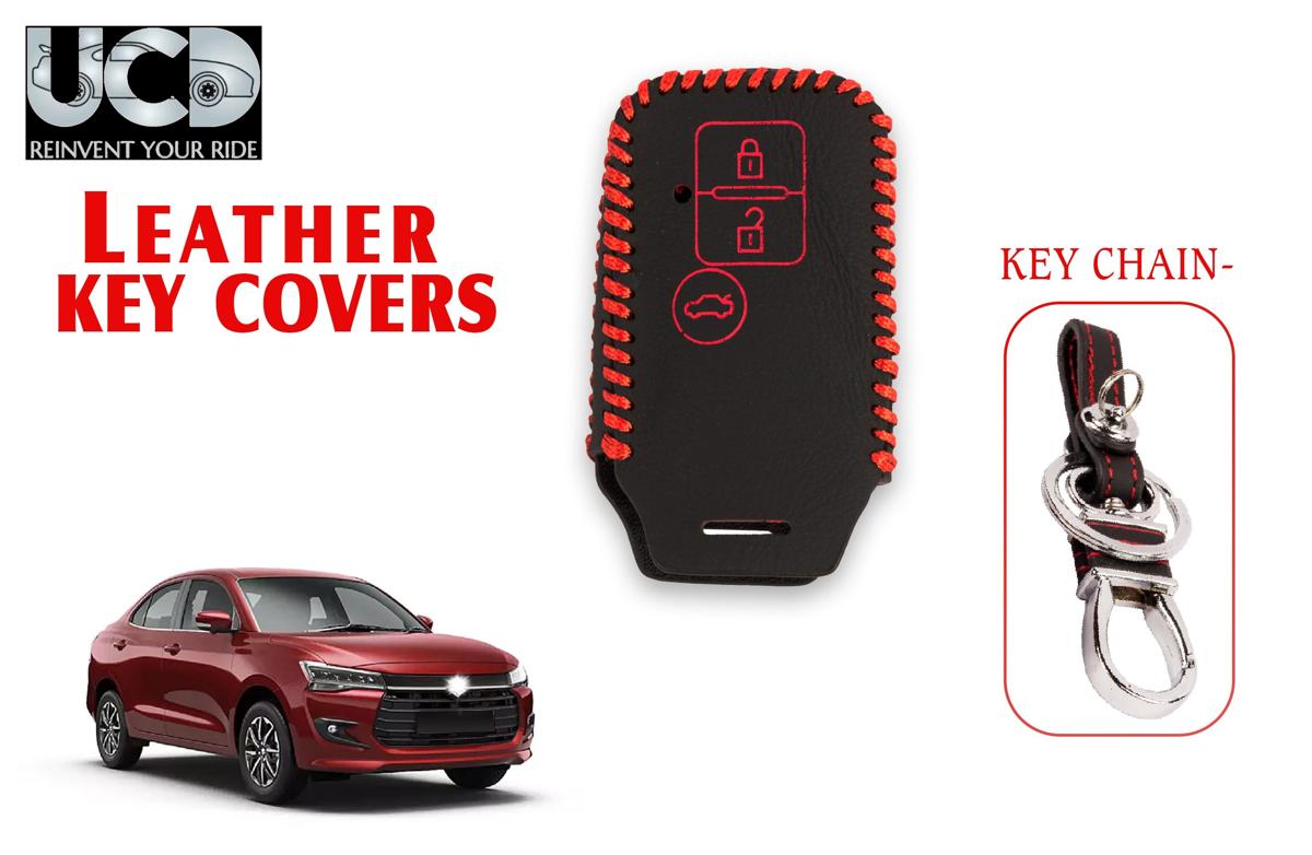 Leather key cover in Black color With Red Stitches with key chain Compatible With Suzuki Dzire 3 Button