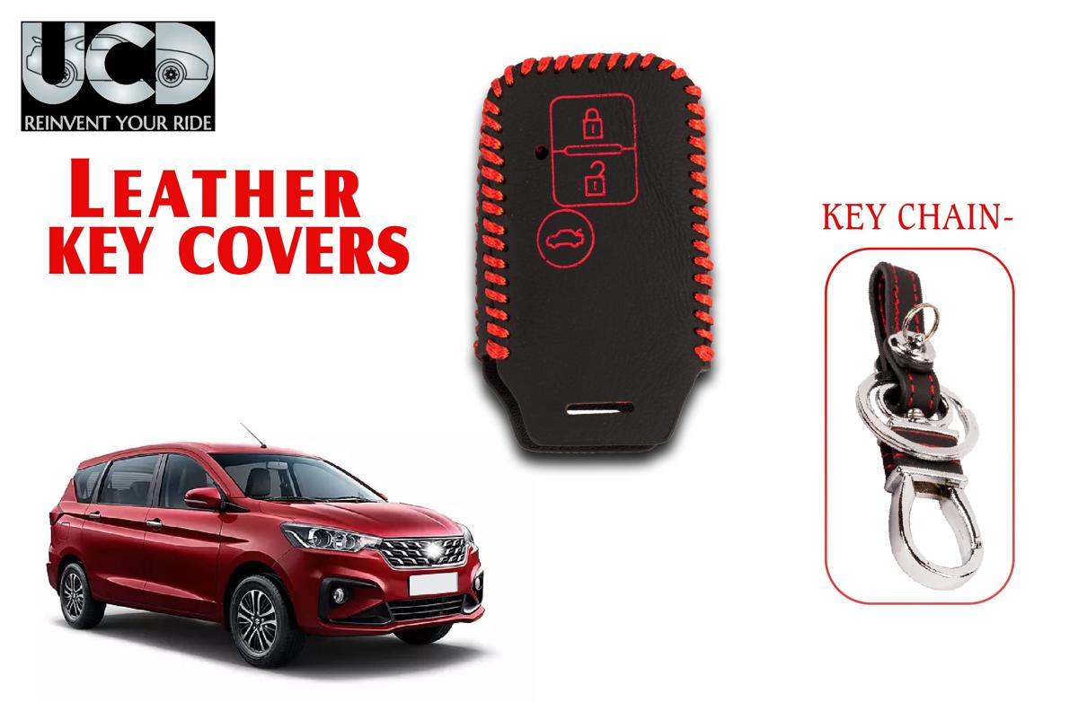 Leather key cover in Black color With Red Stitches with key chain Compatible With Suzuki Ertiga 3 Button