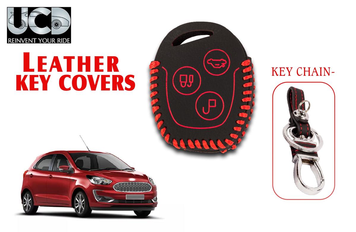 Leather key cover in Black color With Red Stitches with key chain Compatible With Ford Figo 3 Button