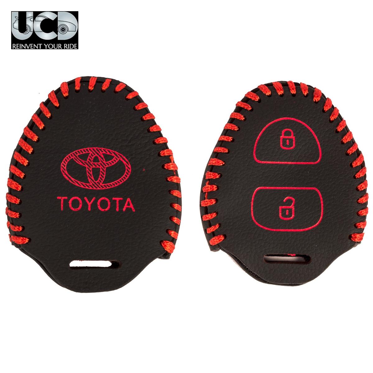 Leather Car Key Cover with Key Chain Compatible for Toyota Camry, Corolla, Fortuner & Innova (2 Button Remote Key) | Premium Black with Red Stitching | 360° Protection | Stylish Key Case | Pack of 1