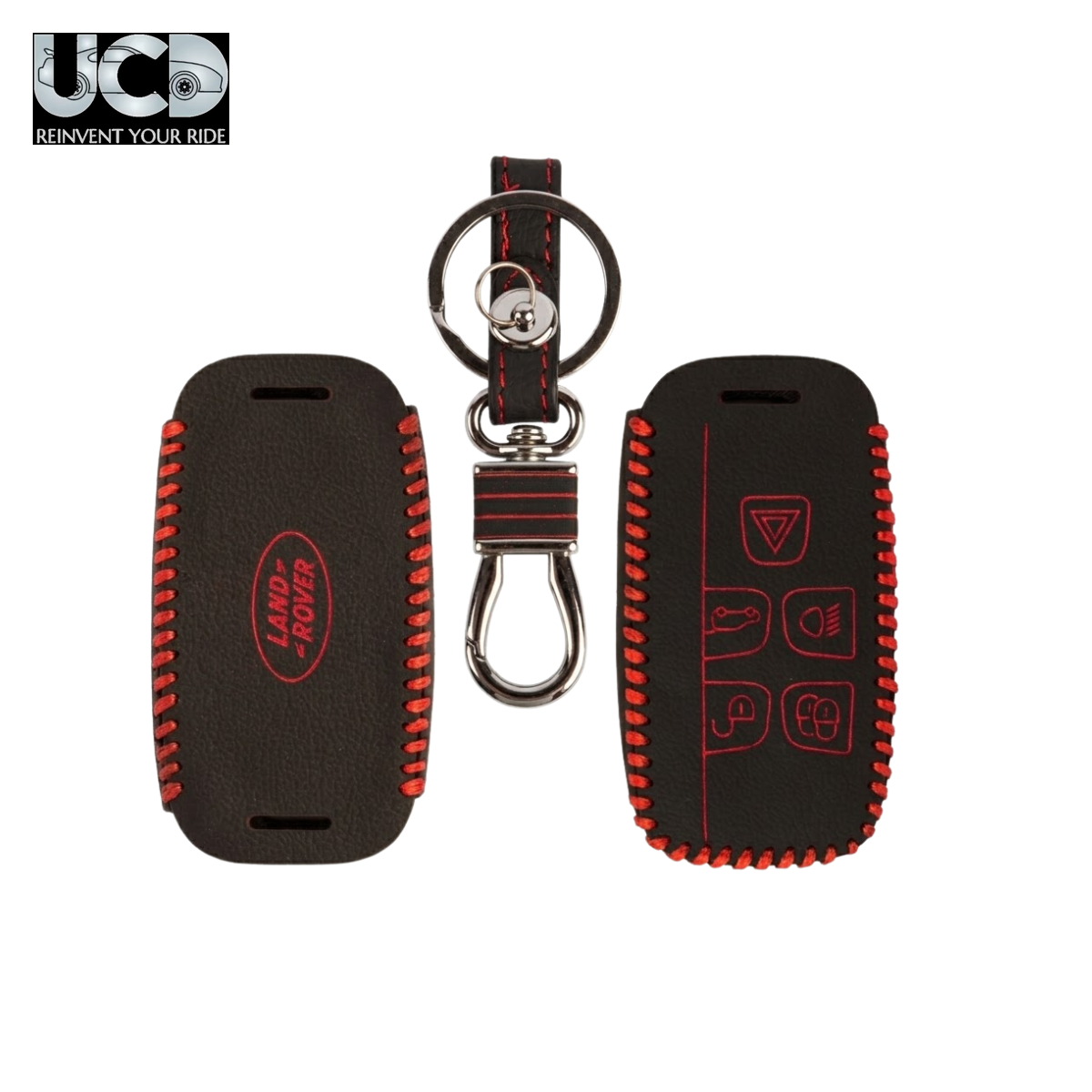 Leather Car Key Cover with Key Chain Compatible for Jaguar F-Type, XJ, XF, F-Pace, XE & Range Rover Evoque, Sport 5 Button Smart Key | Premium Black Leather with Red Stitching | 360° Protection | Pack of 1