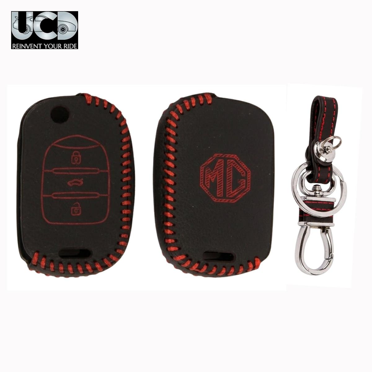 Leather Car Key Cover with Key Chain Compatible for MG Hector, Hector Plus, Astor, Gloster, Comet EV & ZS EV Smart Key / ZS Flip Key | Premium Black Leather with Red Stitching | 360° Protection | Pack of 1