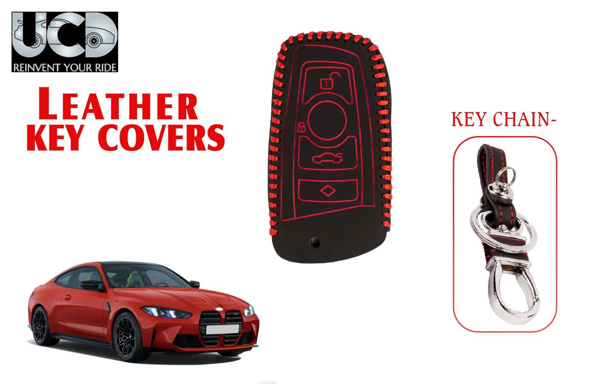 Leather key cover in Black color With Red Stitches with key chain Compatible With BMW M Series 4 Button