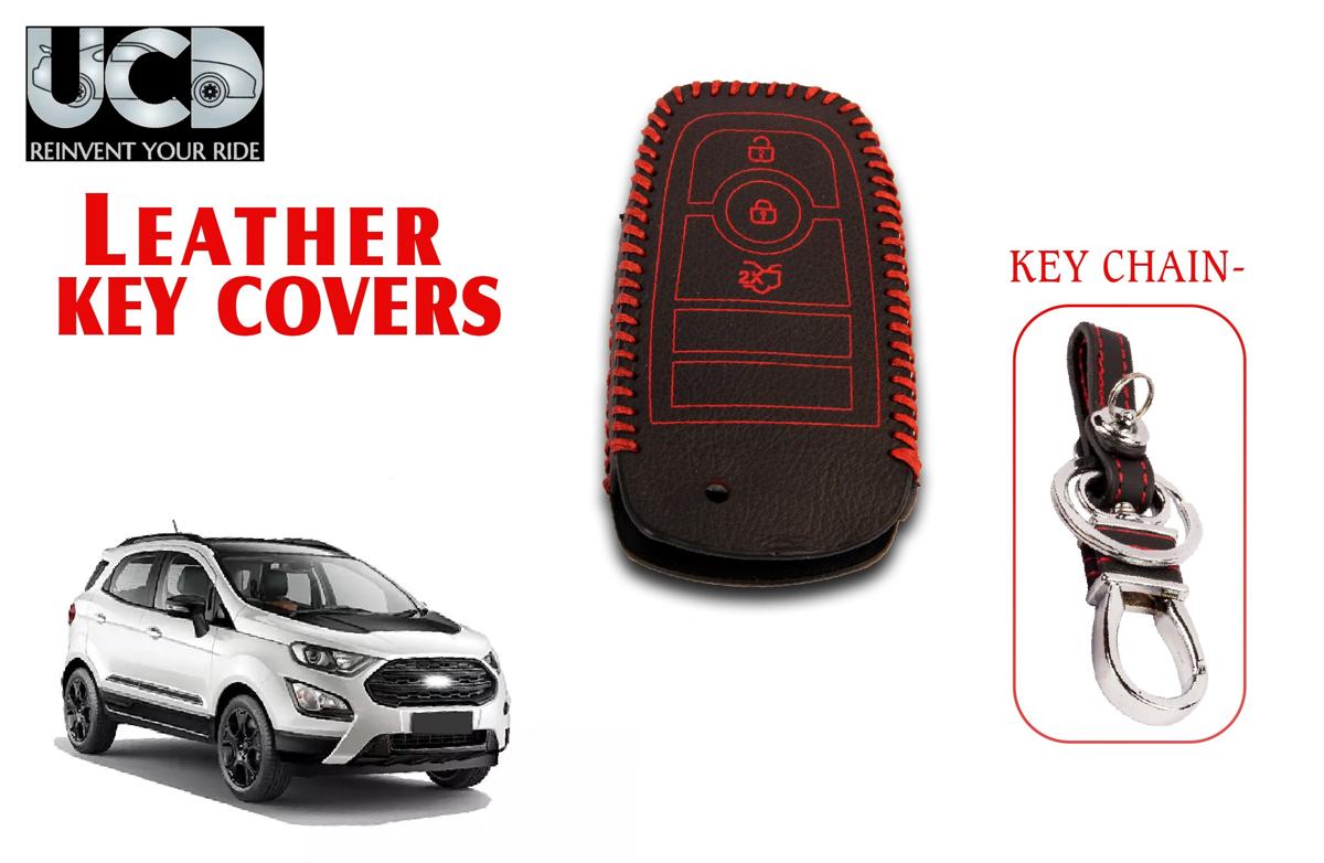 Leather key cover in Black color With Red Stitches with key chain Compatible With Ford Endeavour 3 Button