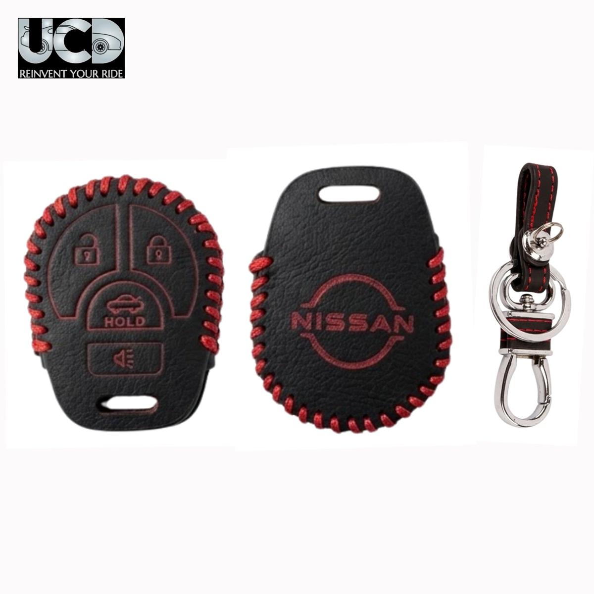 Leather Car Key Cover with Key Chain Compatible for Nissan Micra, Sunny & Teana Smart Key | Premium Black Leather with Red Stitching | 360° Protection | Pack of 1