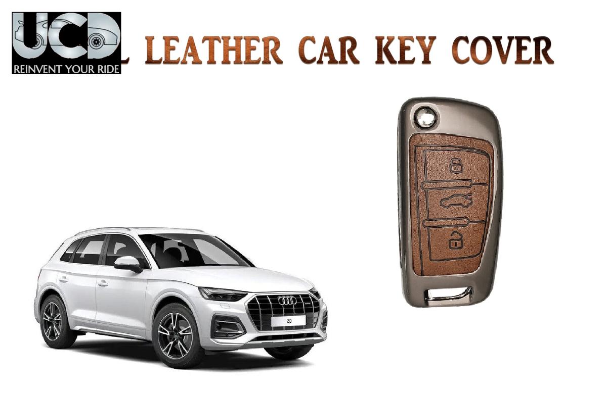 Metal Leather Car key cover with key chain Compatible With Audi Q5