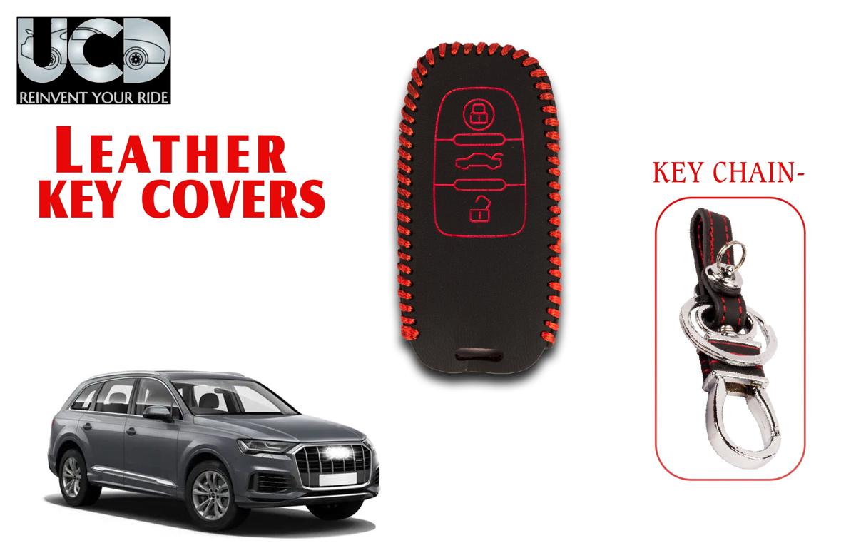 Leather key cover in Black color With Red Stitches with key chain Compatible With Audi Q7 3 Button