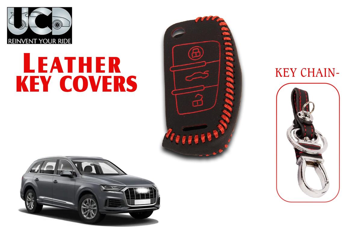 Leather key cover in Black color With Red Stitches with key chain Compatible With Audi Q7 3 Button