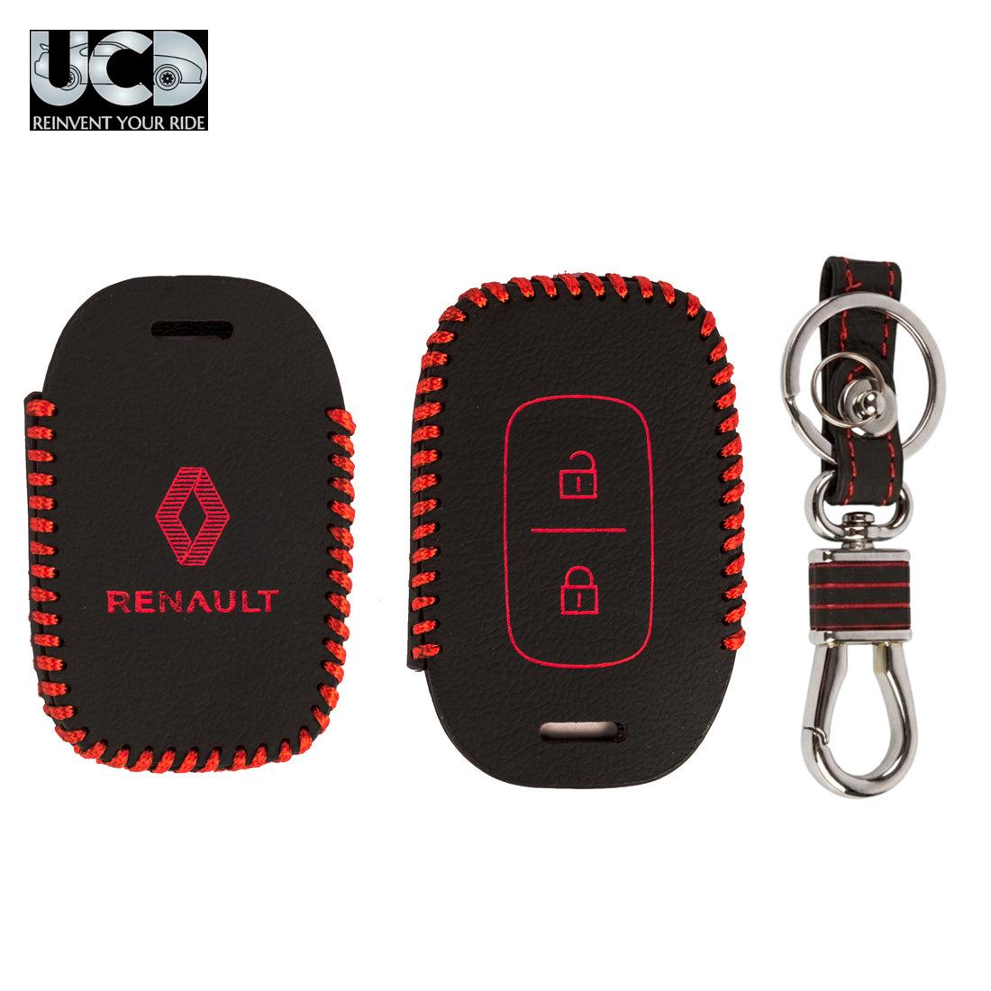 Leather Car Key Cover with Key Chain Compatible for Renault Duster, Kwid, Triber & Redi-Go (3 Button Remote Key) | Premium Black with Red Stitching | 360° Protection | Stylish Key Case | Pack of 1