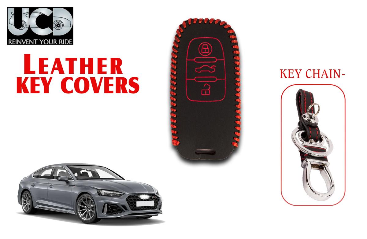Leather key cover in Black color With Red Stitches with key chain Compatible With Audi RS 3 Button