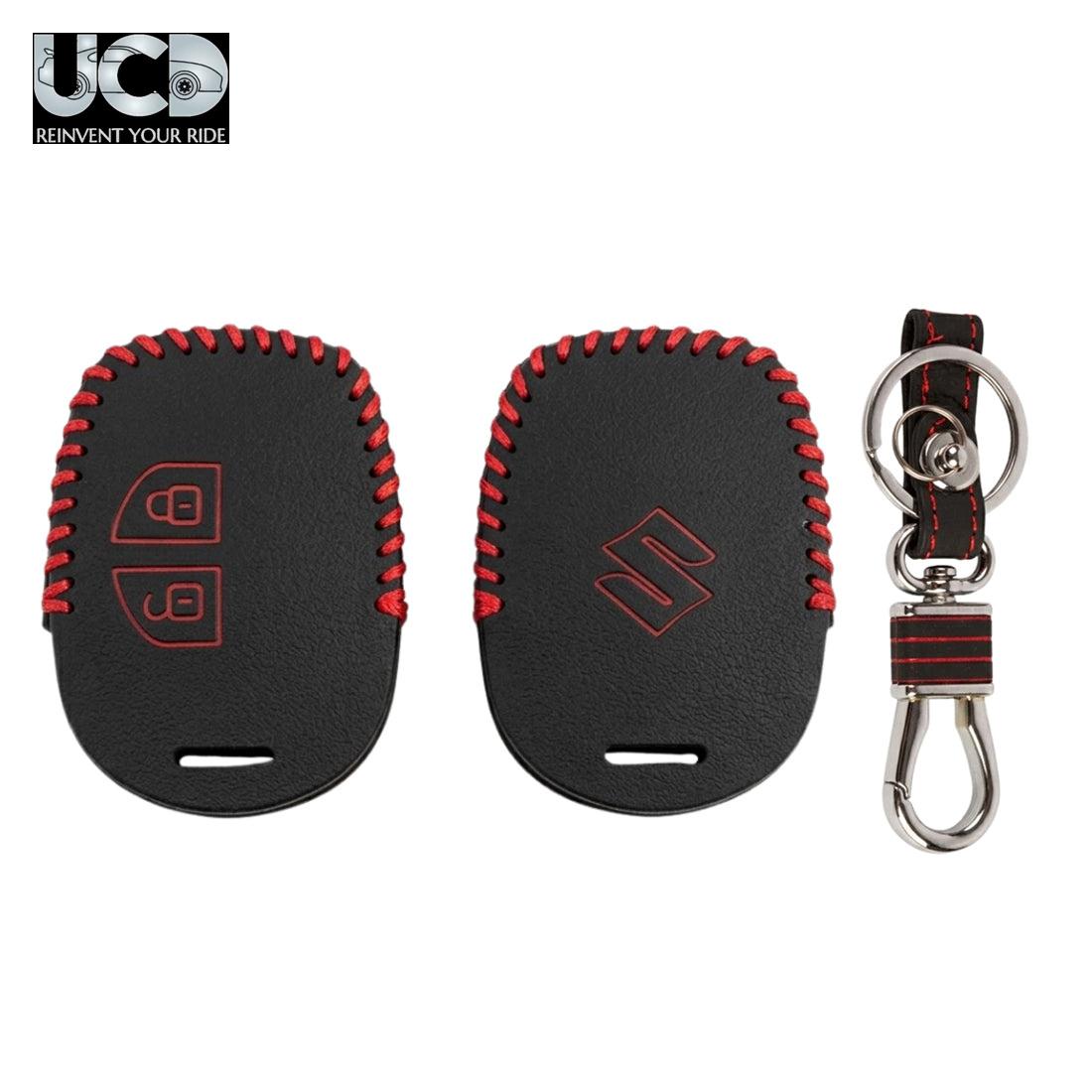 Leather Car Key Cover with Key Chain Compatible for Maruti Suzuki Alto, Alto K10, Alto 800, Baleno, Brezza, Swift, Celerio, Dzire, Ciaz, Ignis, S-Cross, Ertiga, XL6, S-Presso, Ritz, SX4, WagonR Black with Red Stitching | 360° Protection | Pack of 1
