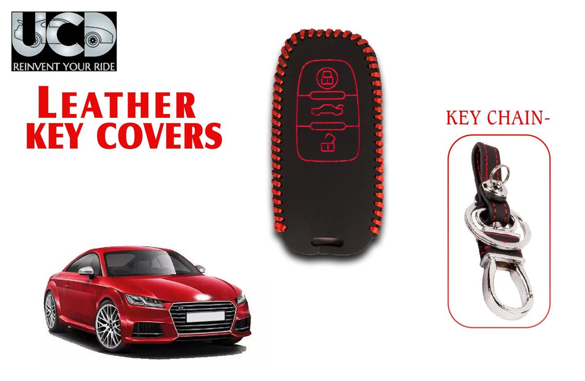 Leather key cover in Black color With Red Stitches with key chain Compatible With Audi TT 3 Button