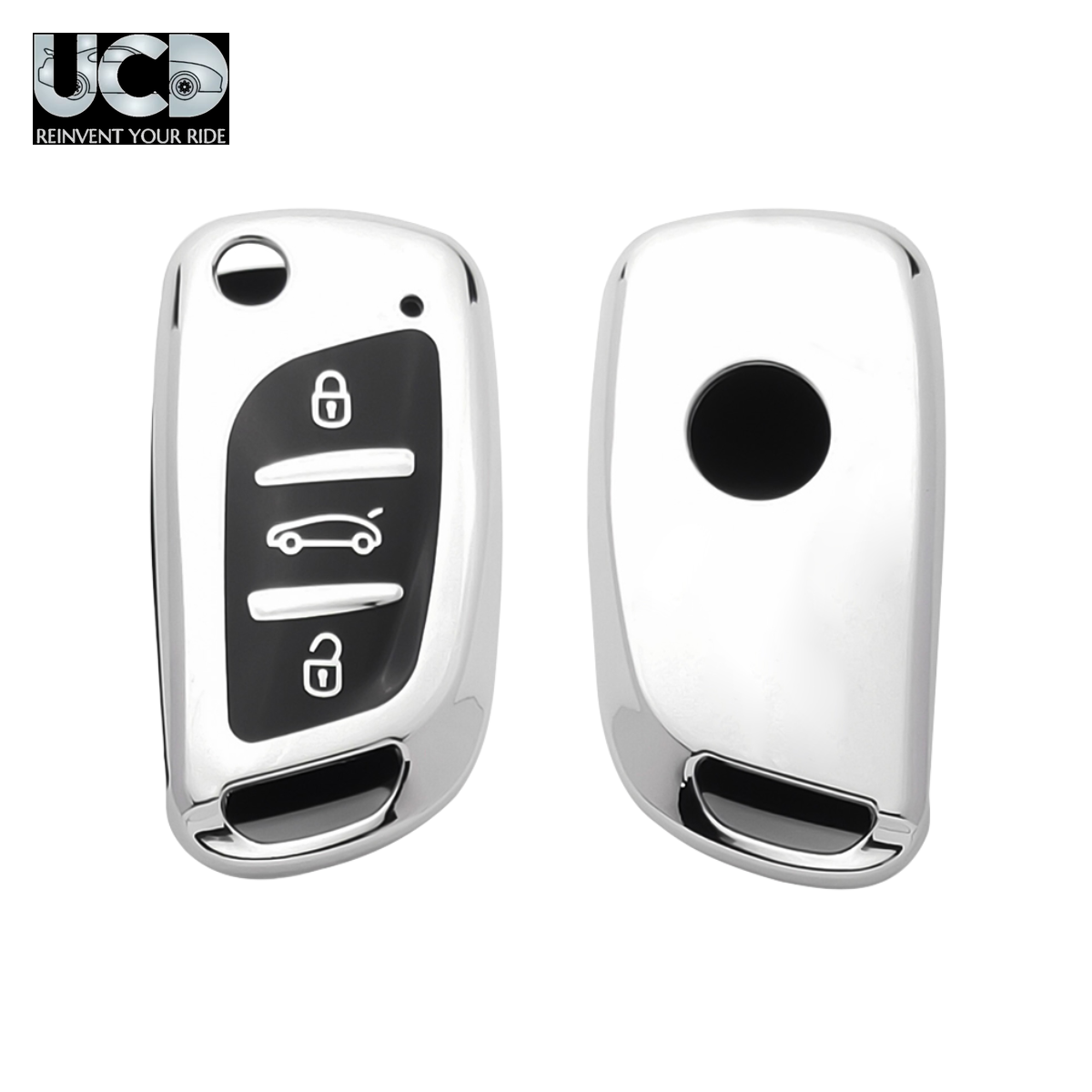 Car Key Cover Chromium Series Compatible with Xhorse DF Model Universal Remote Flip Key (3 Button) | Premium Chrome Finish Hard Case | 360° Protection | Scratch Resistant Key Cover with Keychain | Pack of 1