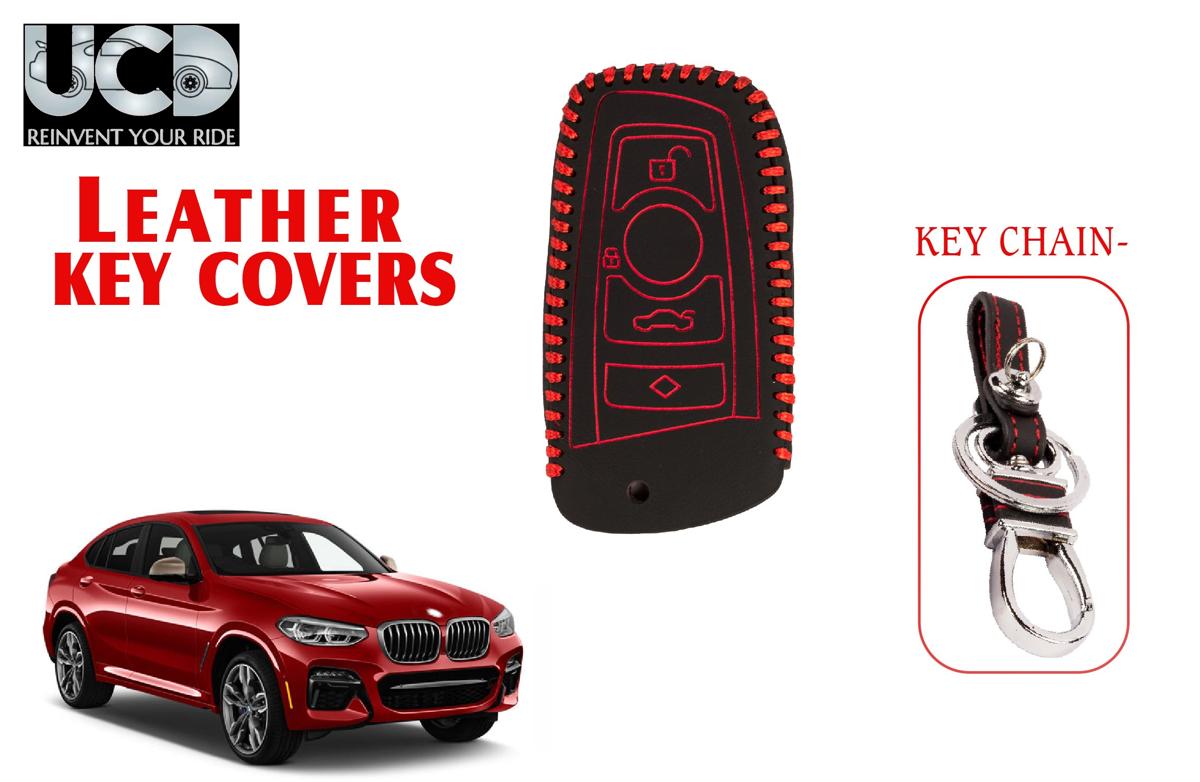 Leather key cover in Black color With Red Stitches with key chain Compatible With BMW X Series 4 Button