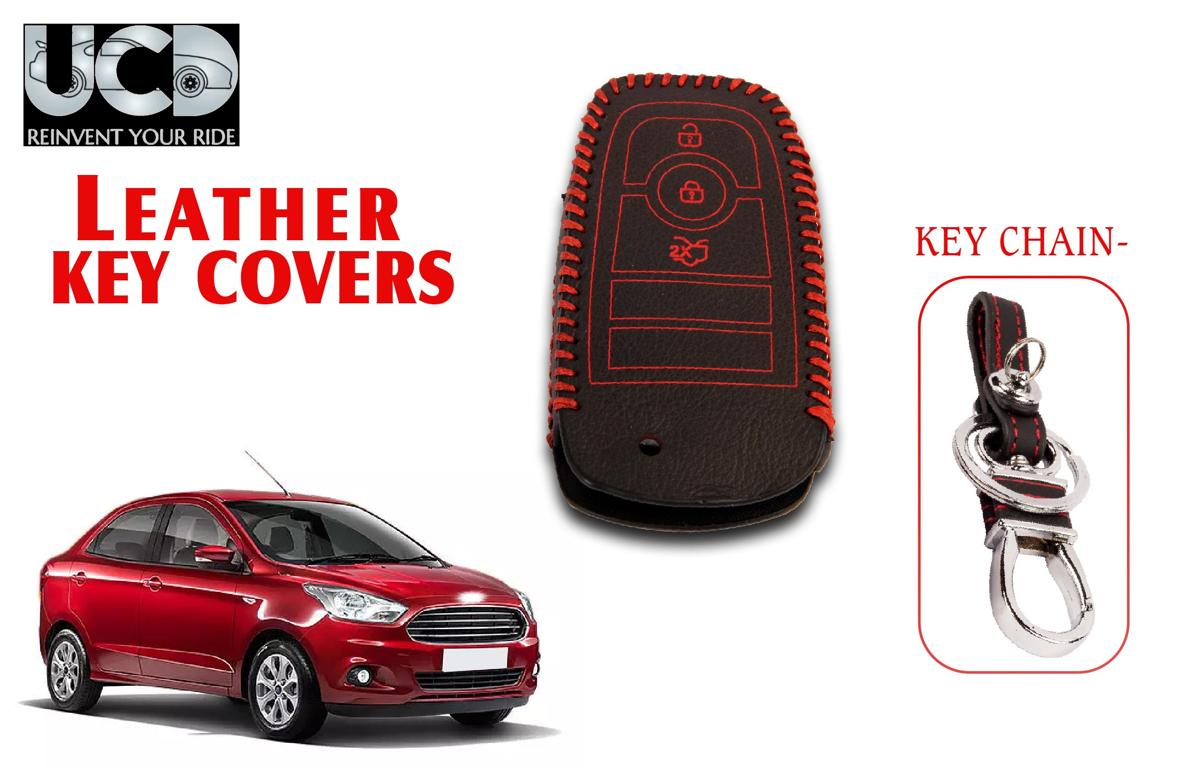 Leather key cover in Black color With Red Stitches with key chain Compatible With Ford Aspire 3 Button
