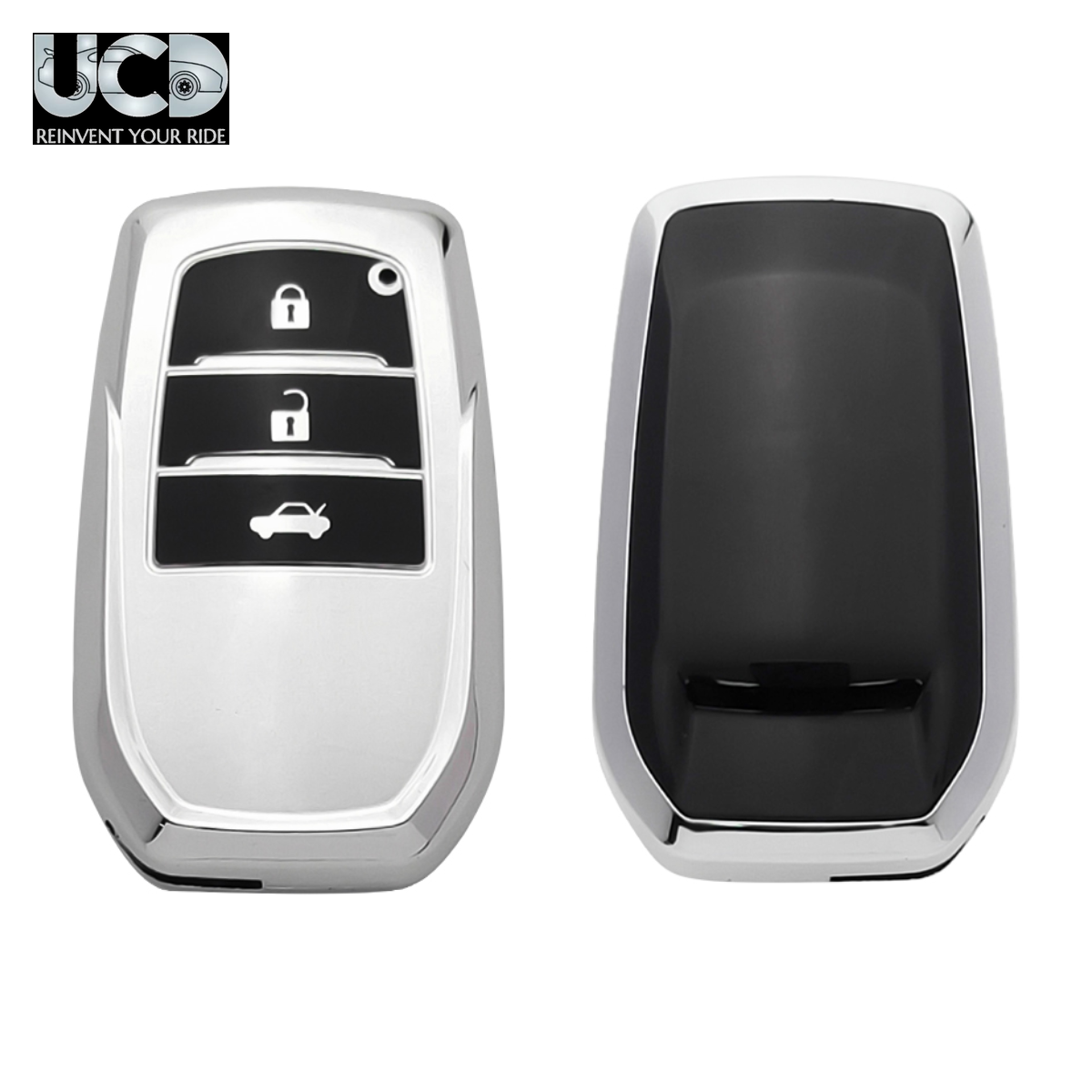 Car Key Cover Chromium Series Compatible with Toyota Fortuner, Innova Crysta 3 Button Smart Key | Premium Chrome Finish Hard Case | 360° Protection | Scratch Resistant Key Cover with Keychain | Pack of 1